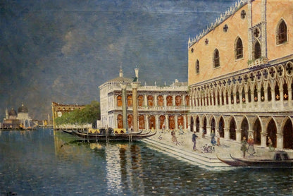 Oil painting of grand gothic Venice building with ornate arches