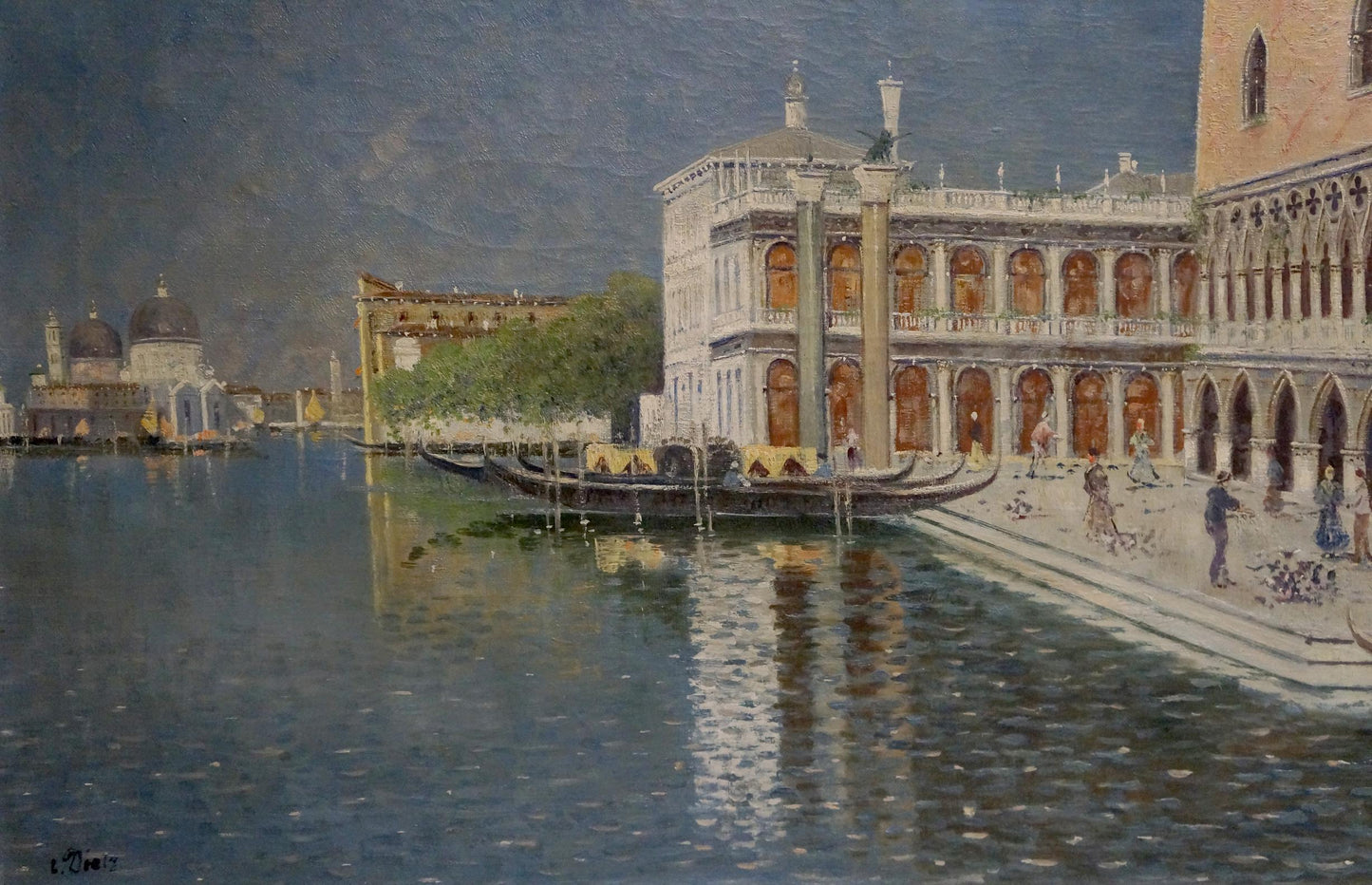 Oil painting of Venice: serene canal with gondolas at twilight