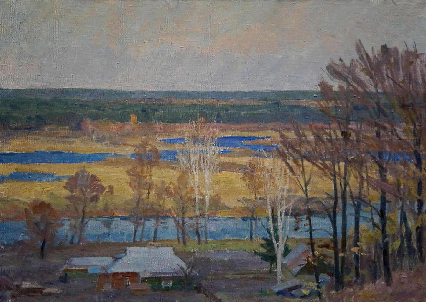 Oil painting Autumn has come by Minka Alexander Fedorovich serene river landscape