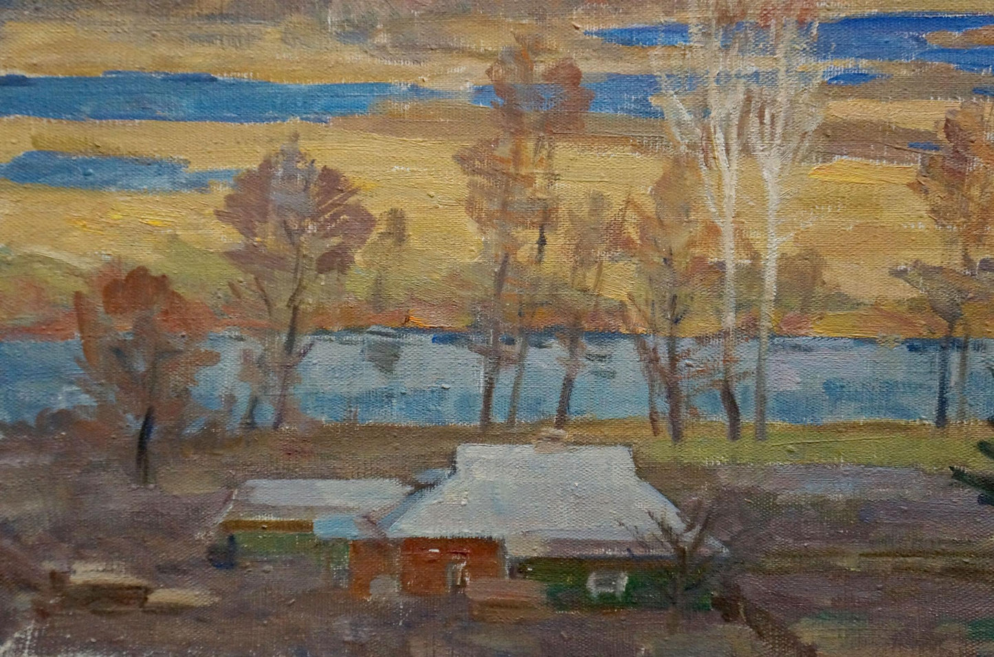 Oil painting Autumn has come by Minka Alexander Fedorovich: rustic house by lake