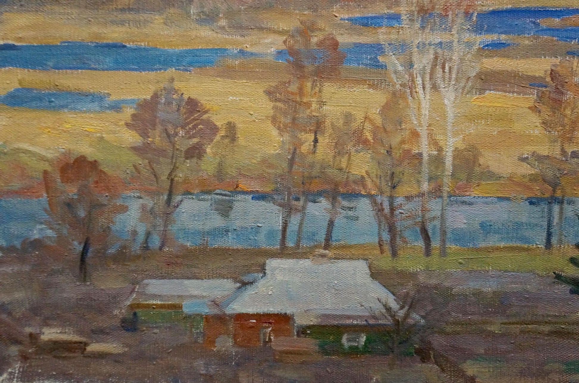 Oil painting Autumn has come by Minka Alexander Fedorovich: rustic house by lake