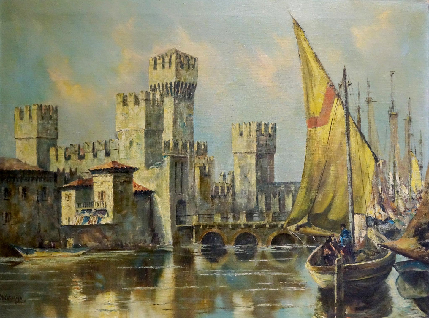 Oil painting of yellow sailboat by medieval castle Karl Klupp Munchen