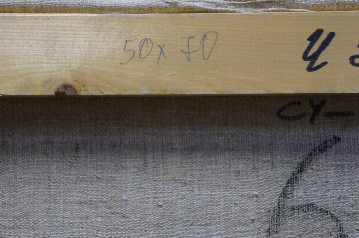 Back of Oil painting Autumn has come Minka Alexander Fedorovich on light wooden stretcher bar with handwritten measurements
