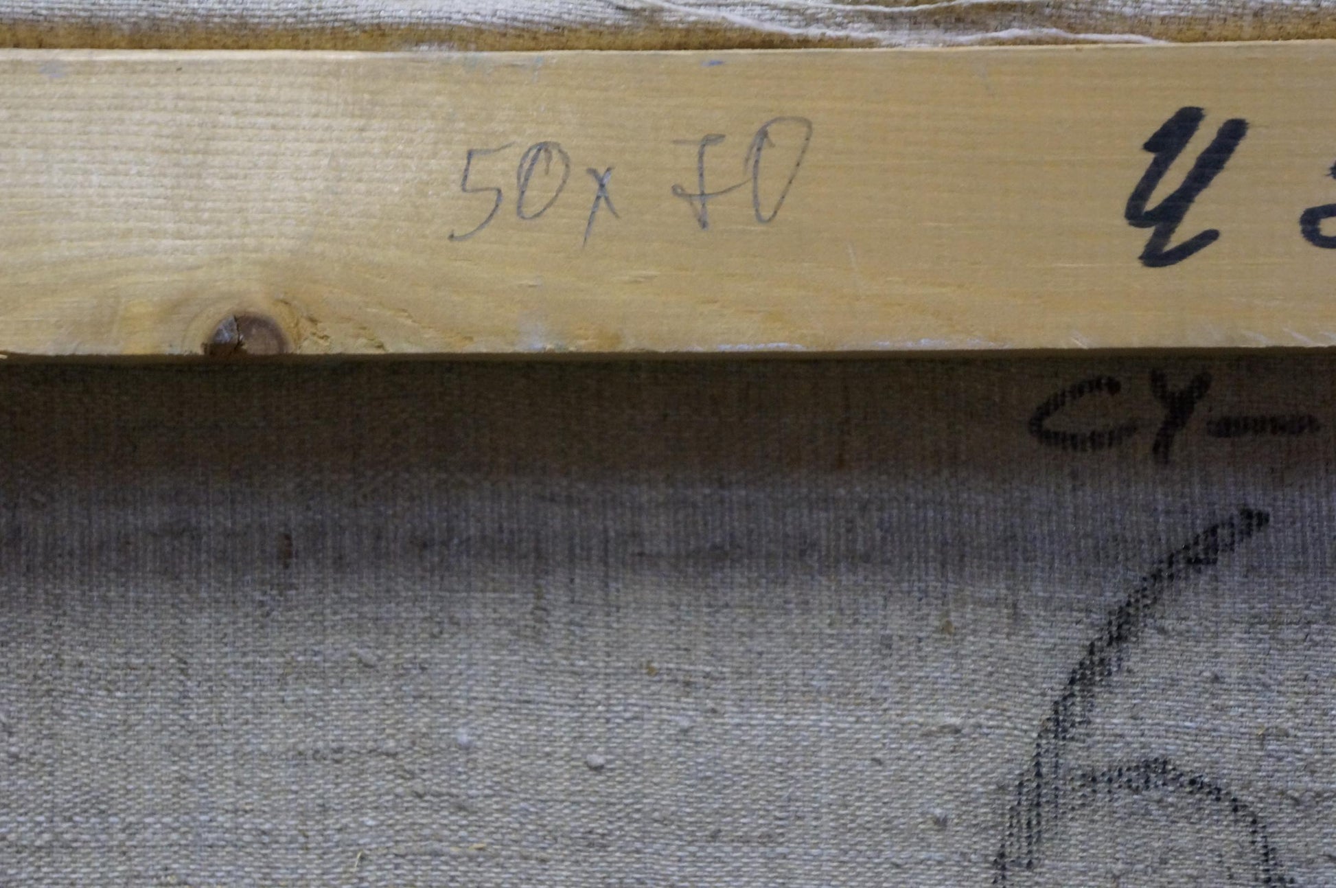 Back of Oil painting Autumn has come Minka Alexander Fedorovich on light wooden stretcher bar with handwritten measurements