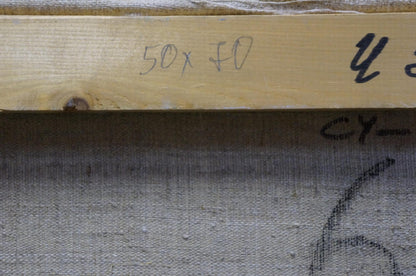 Back of Oil painting Autumn has come Minka Alexander Fedorovich on light wooden stretcher bar with handwritten measurements
