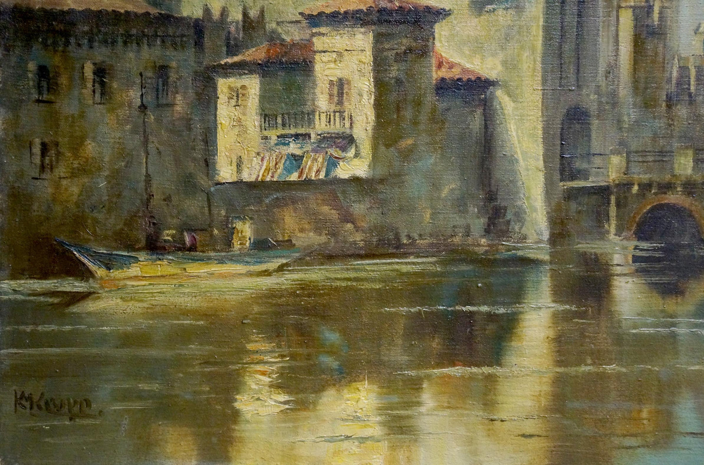 Warm-toned impressionist riverside town oil painting by Karl Klupp Munchen