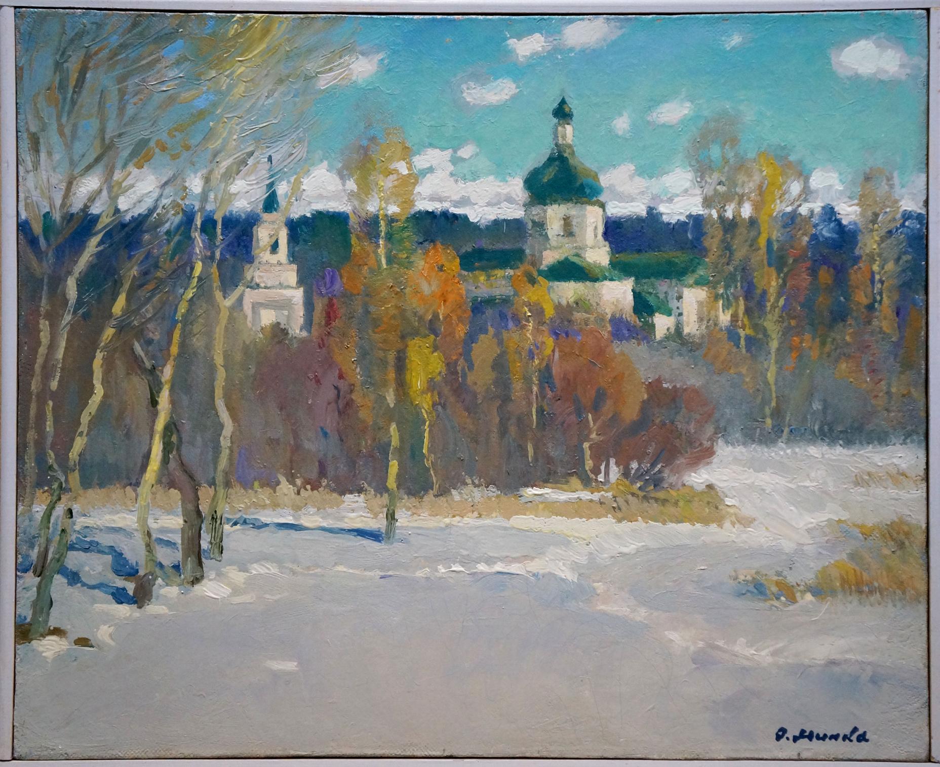 Vibrant impressionistic oil painting by Minka Alexander Fedorovich: snowy landscape with autumn trees and church domes