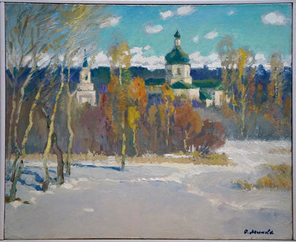 Vibrant impressionistic oil painting by Minka Alexander Fedorovich: snowy landscape with autumn trees and church domes