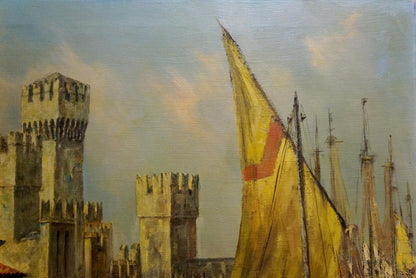 Oil painting of medieval castle with yellow sail and red stripe by Karl Klupp Munchen