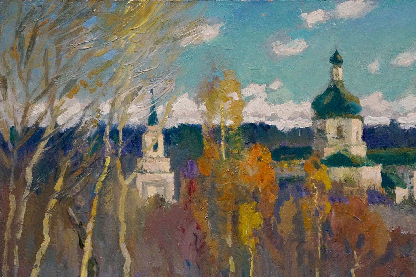 Impressionistic oil painting by Minka Alexander Fedorovich: church with green domes amid autumn trees