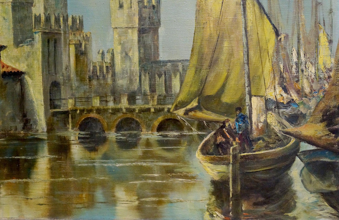 Vintage oil painting of medieval castle harbor by Karl Klupp Munchen