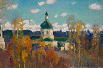 Oil painting by Minka Alexander Fedorovich: white church with green dome amid autumn trees