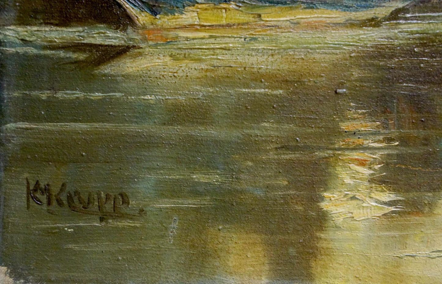 Textured oil painting of serene green water scene by Karl Klupp Munchen