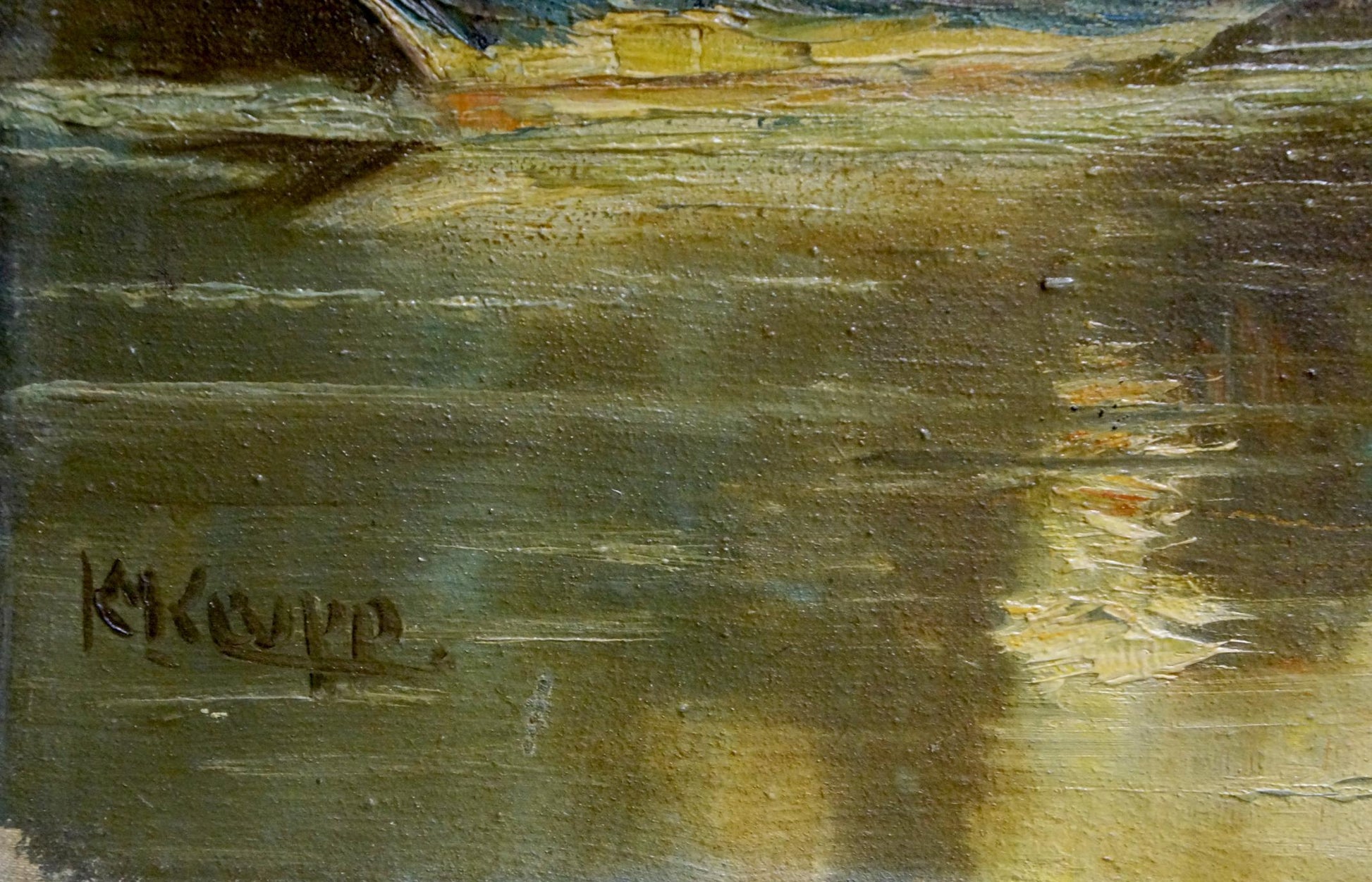 Textured oil painting of serene green water scene by Karl Klupp Munchen