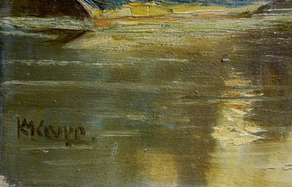 Textured oil painting of serene green water scene by Karl Klupp Munchen