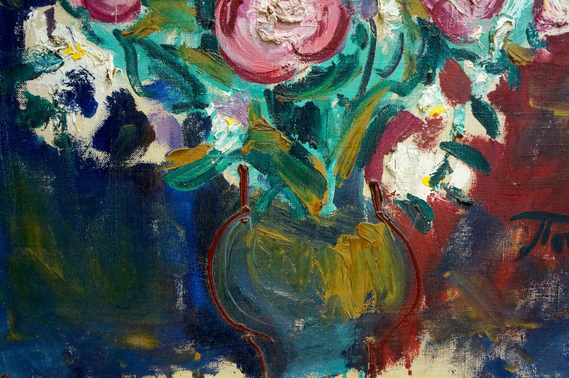 Oil painting of bewitching flowers in teal yellow brushstrokes by Patik Volodymyr Yosypovych