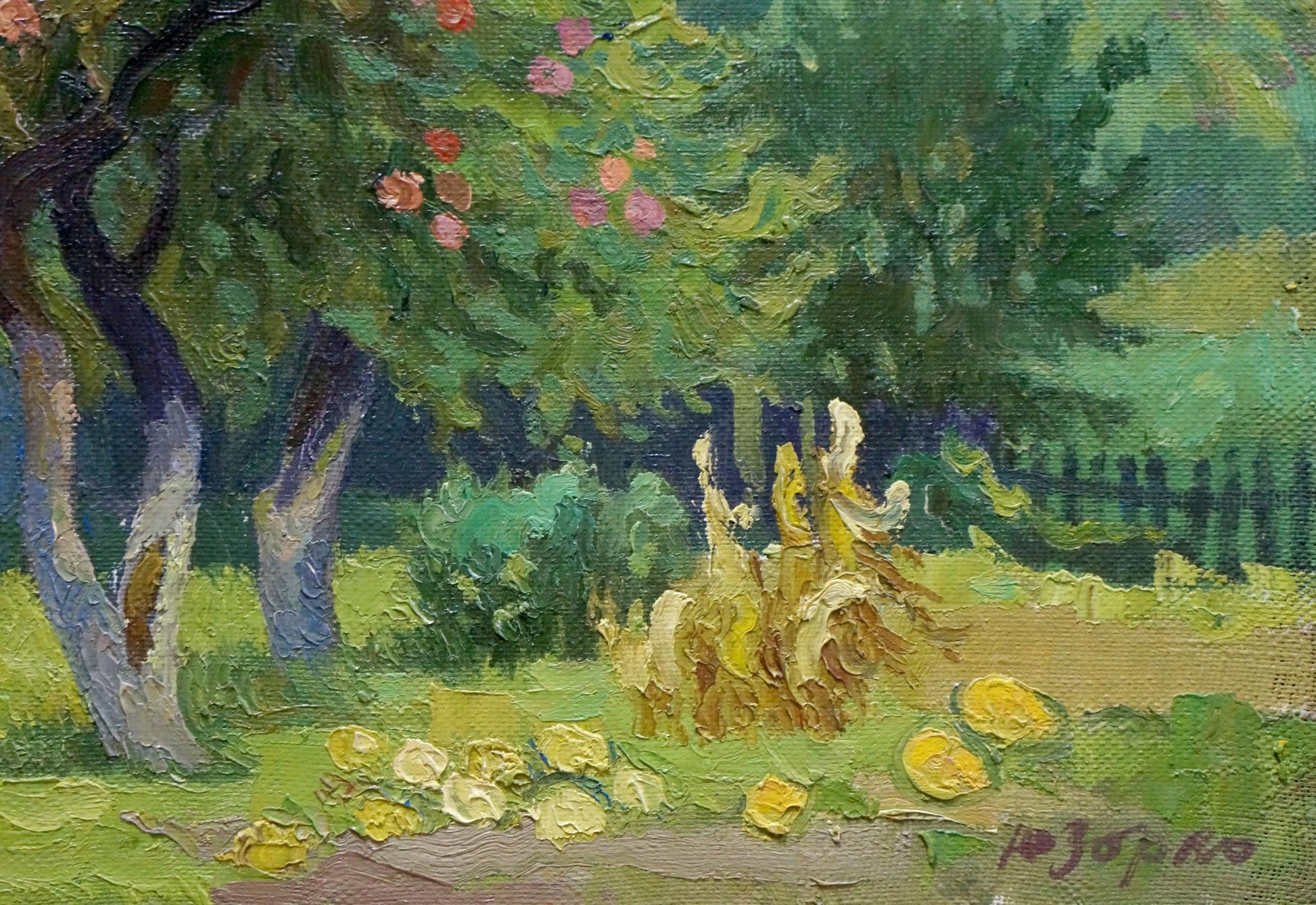 Vibrant impressionist oil painting of Zorko Yuri Valentinovich old apple tree in sunlit garden