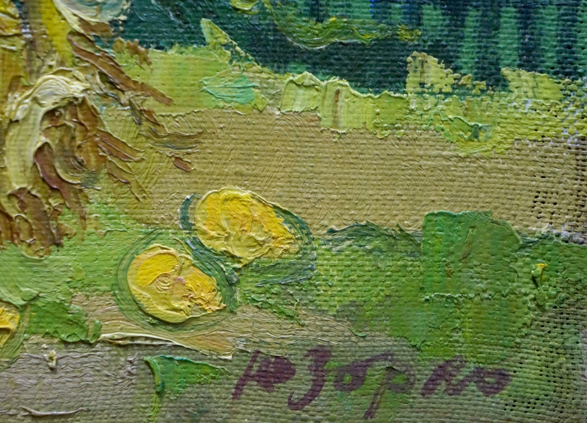 Back of oil painting Old apple tree by Zorko Yuri Valentinovich with textured green yellow brushstrokes and purple signature