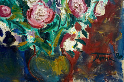 Oil painting of vibrant pink and white peonies in greenish-blue vase by Patik Volodymyr Yosypovych