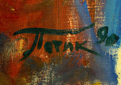 Dark green cursive signature on orange blue textured canvas by Patik Volodymyr Yosypovych