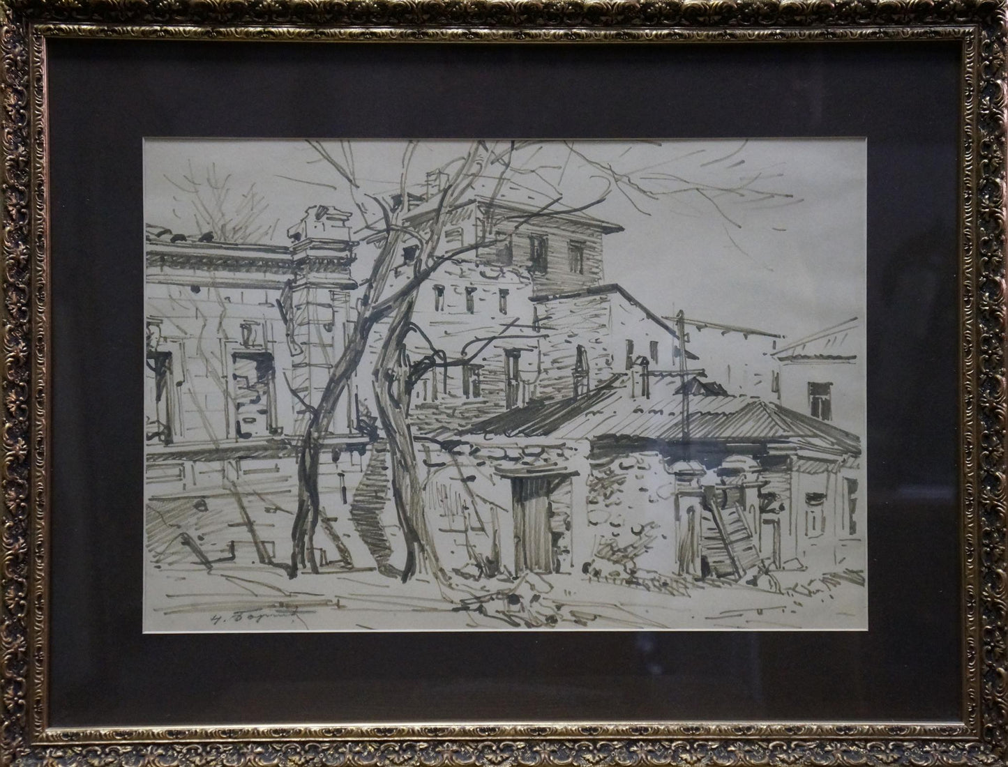 Detailed black-and-white rustic village sketch by Bortnikov Nikolay Fedorovich in ornate gold frame