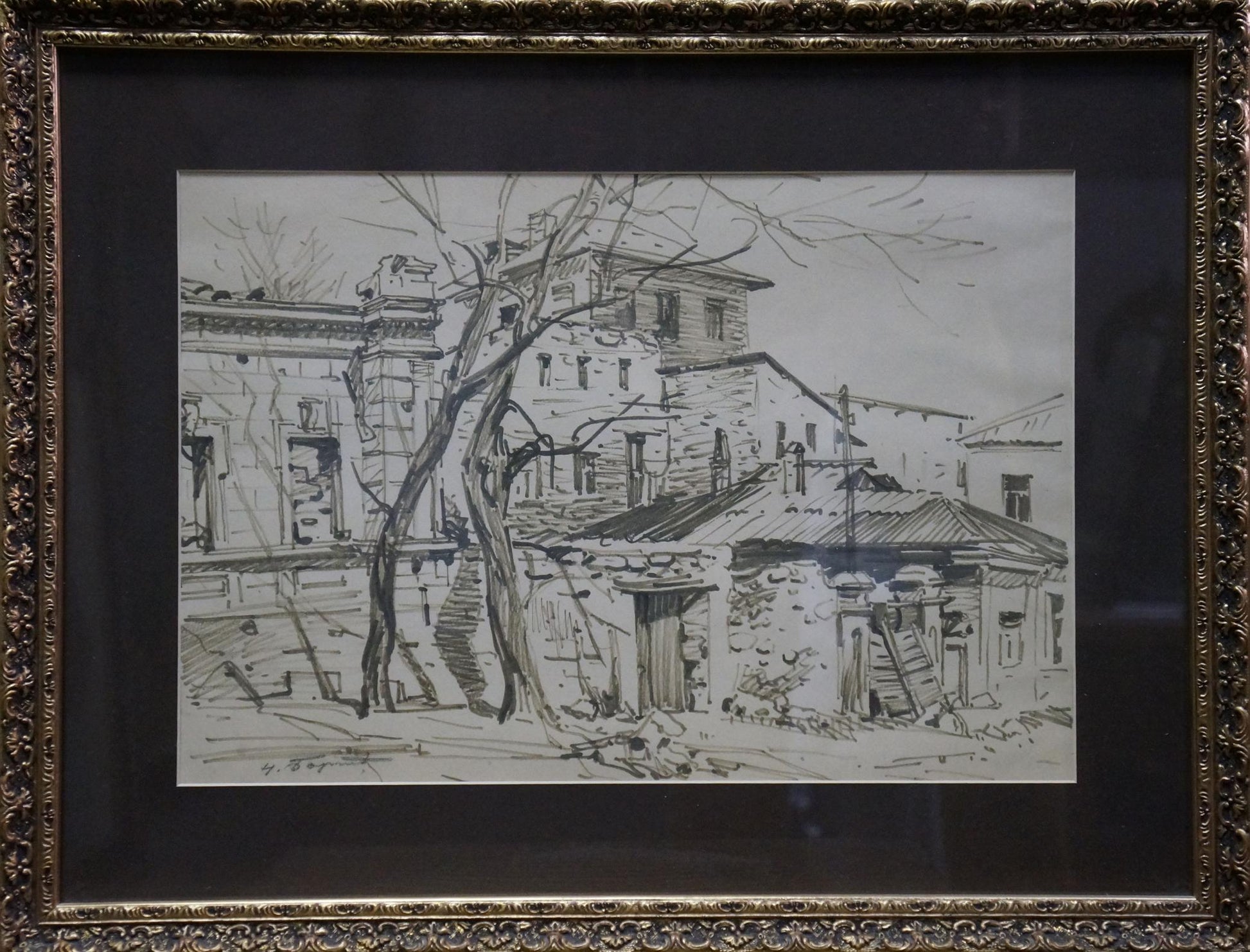 Detailed black-and-white rustic village sketch by Bortnikov Nikolay Fedorovich in ornate gold frame