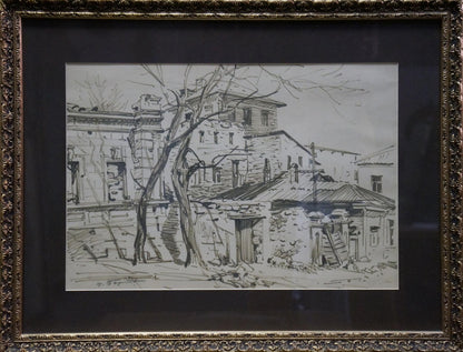Detailed black-and-white rustic village sketch by Bortnikov Nikolay Fedorovich in ornate gold frame