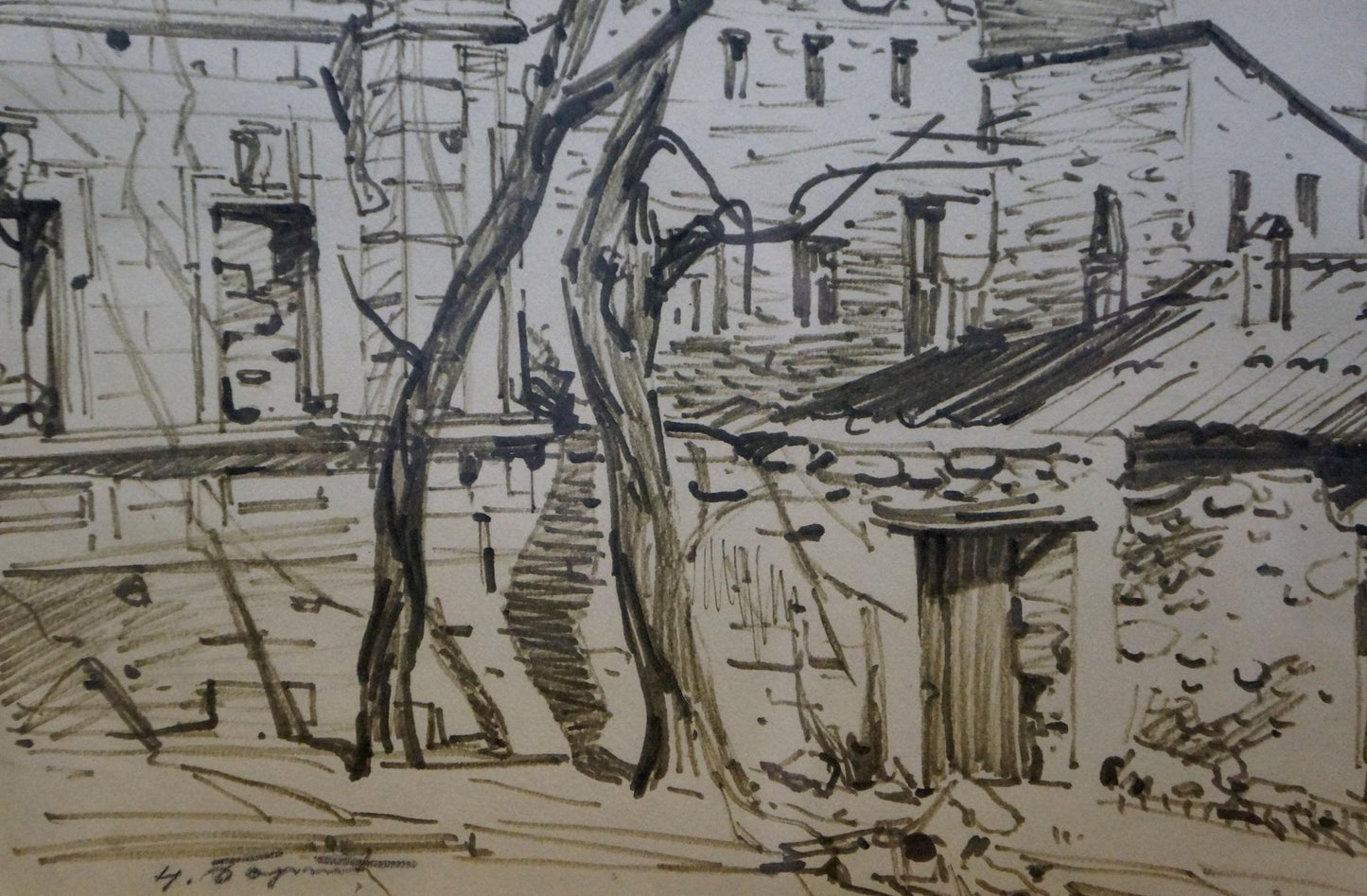 Detailed pencil sketch of Bortnikov Nikolay Fedorovich city street stone building