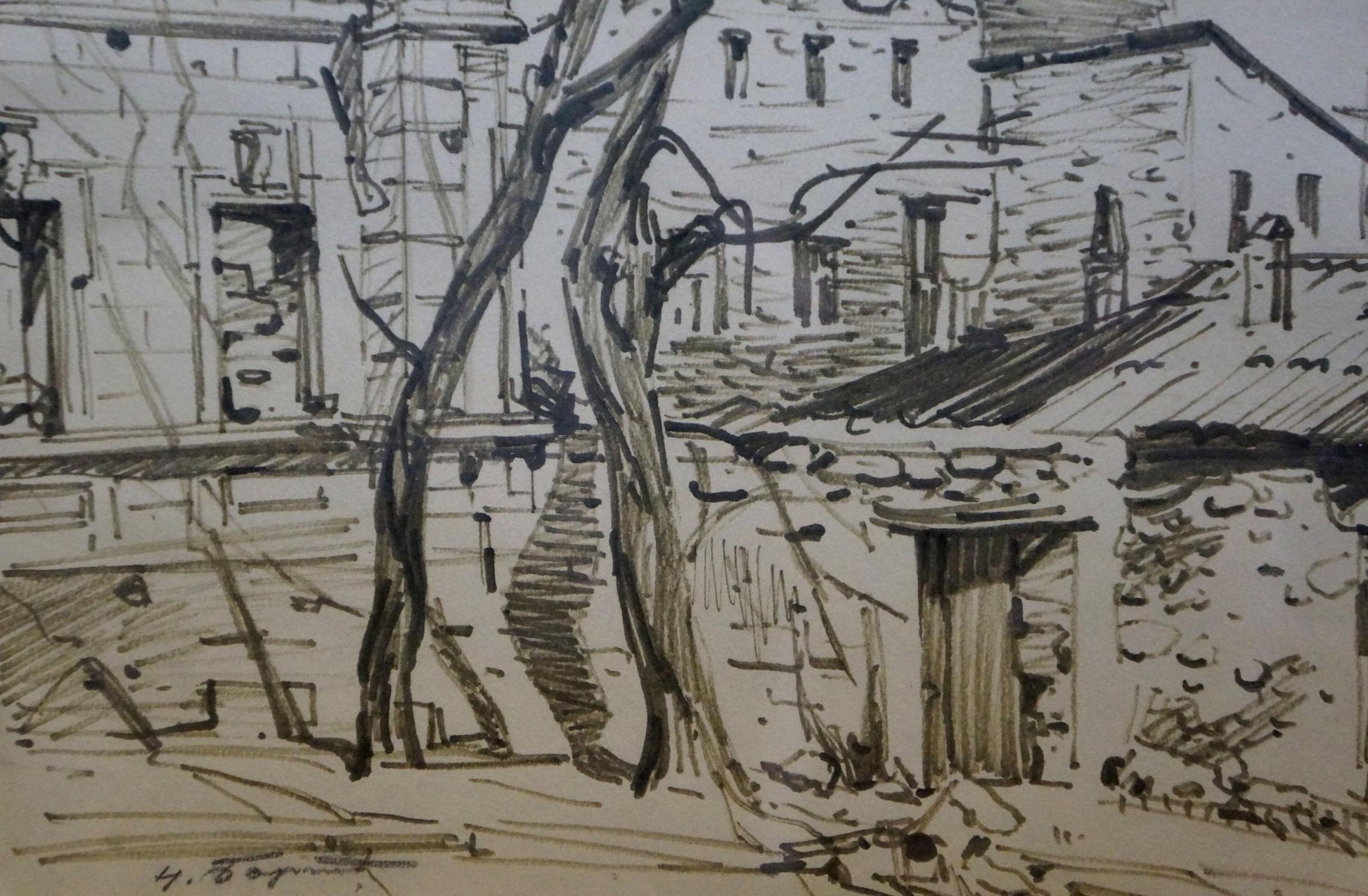 Detailed pencil sketch of Bortnikov Nikolay Fedorovich city street stone building