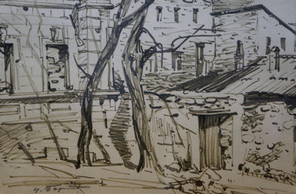 Detailed pencil sketch of Bortnikov Nikolay Fedorovich city street stone building