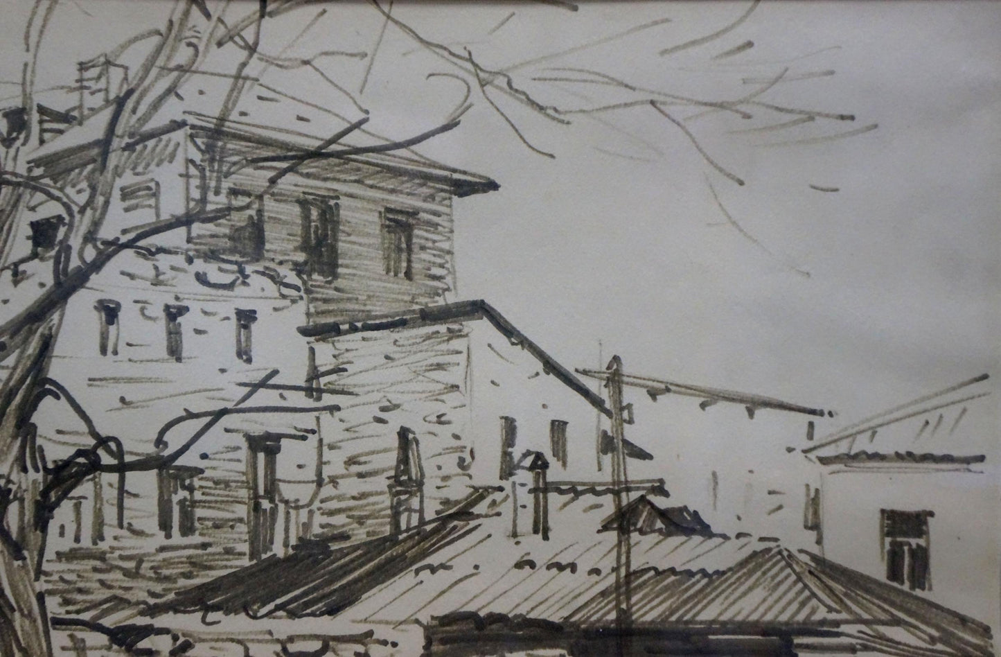 Black-and-white sketch of Bortnikovs rustic stone city street building