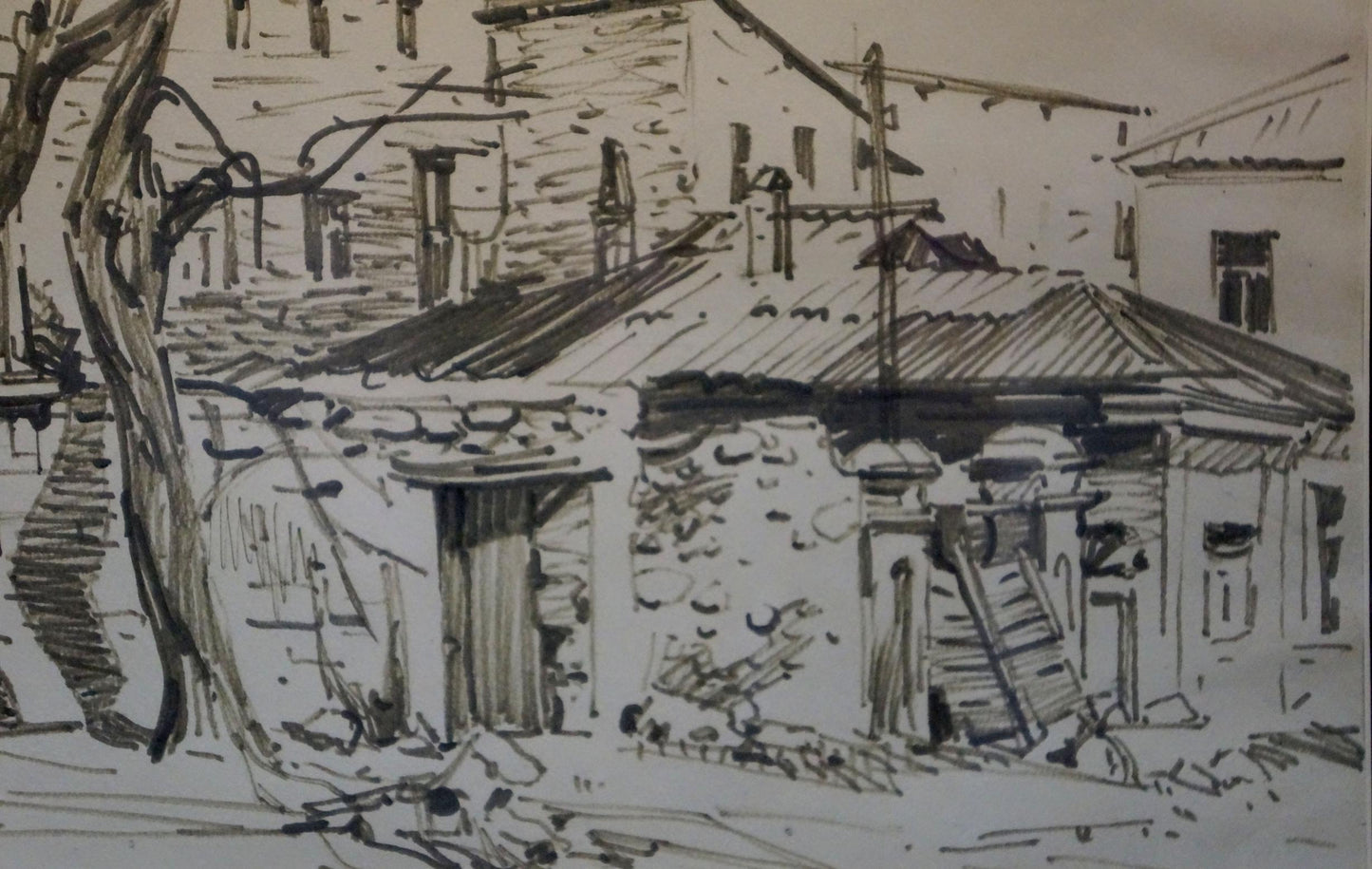 Black-and-white ink sketch of Bortnikovs rustic stone city street building