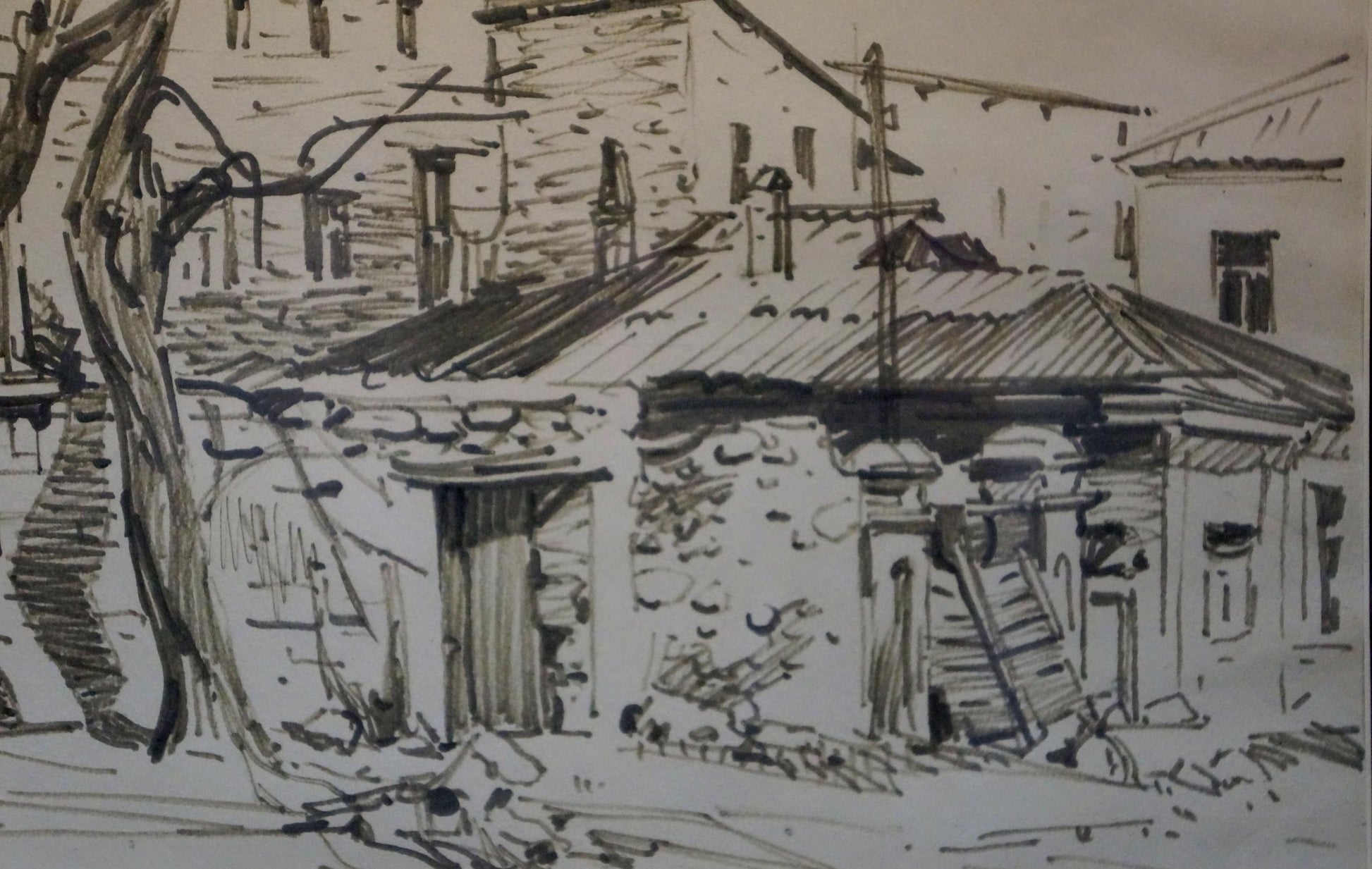 Black-and-white ink sketch of Bortnikovs rustic stone city street building