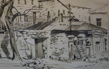Black-and-white ink sketch of Bortnikovs rustic stone city street building