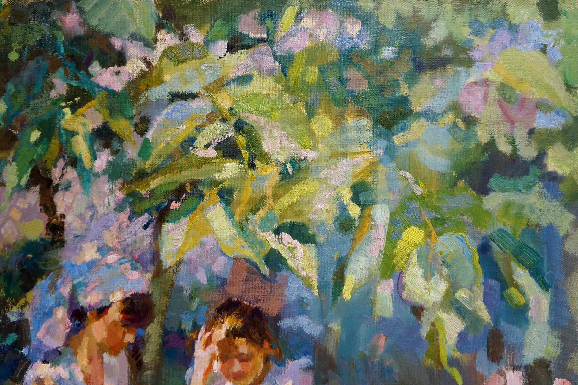 Oil painting Children in the garden by Chaus Victor Nikolaevich with lush green foliage