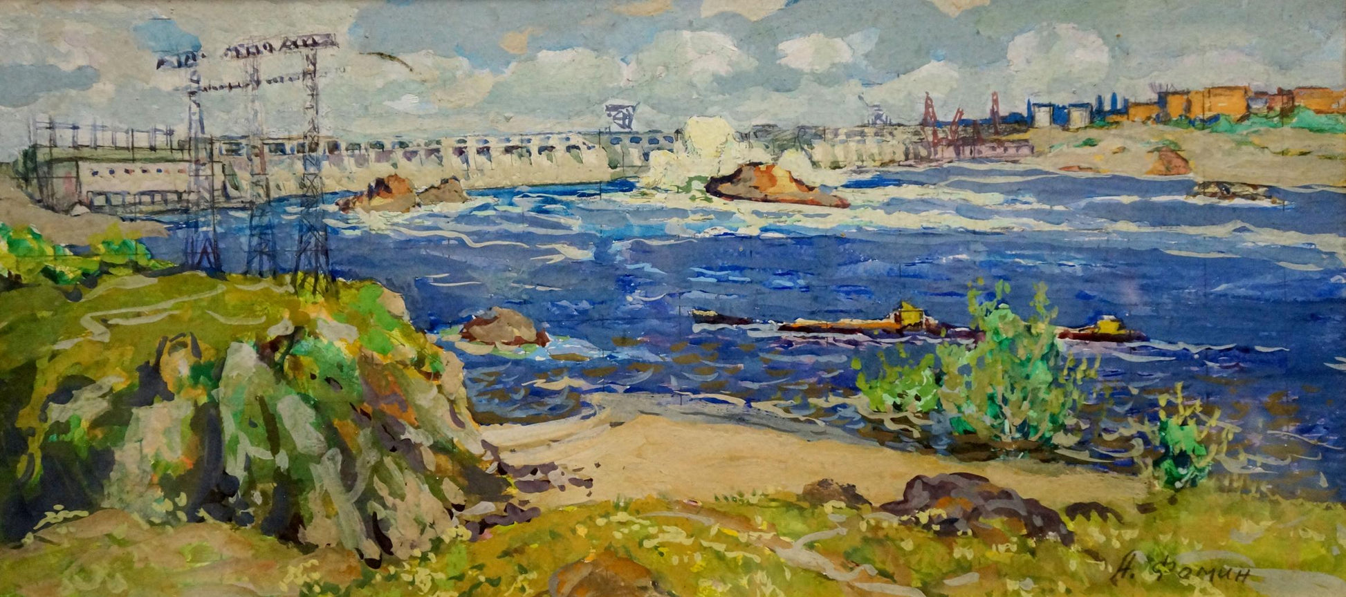 Oil painting by Fomin Anatoly Nikiforovich: vibrant blue river with waterfalls and dam