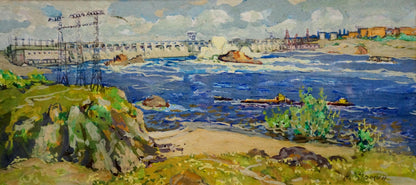 Oil painting by Fomin Anatoly Nikiforovich: vibrant blue river with waterfalls and dam
