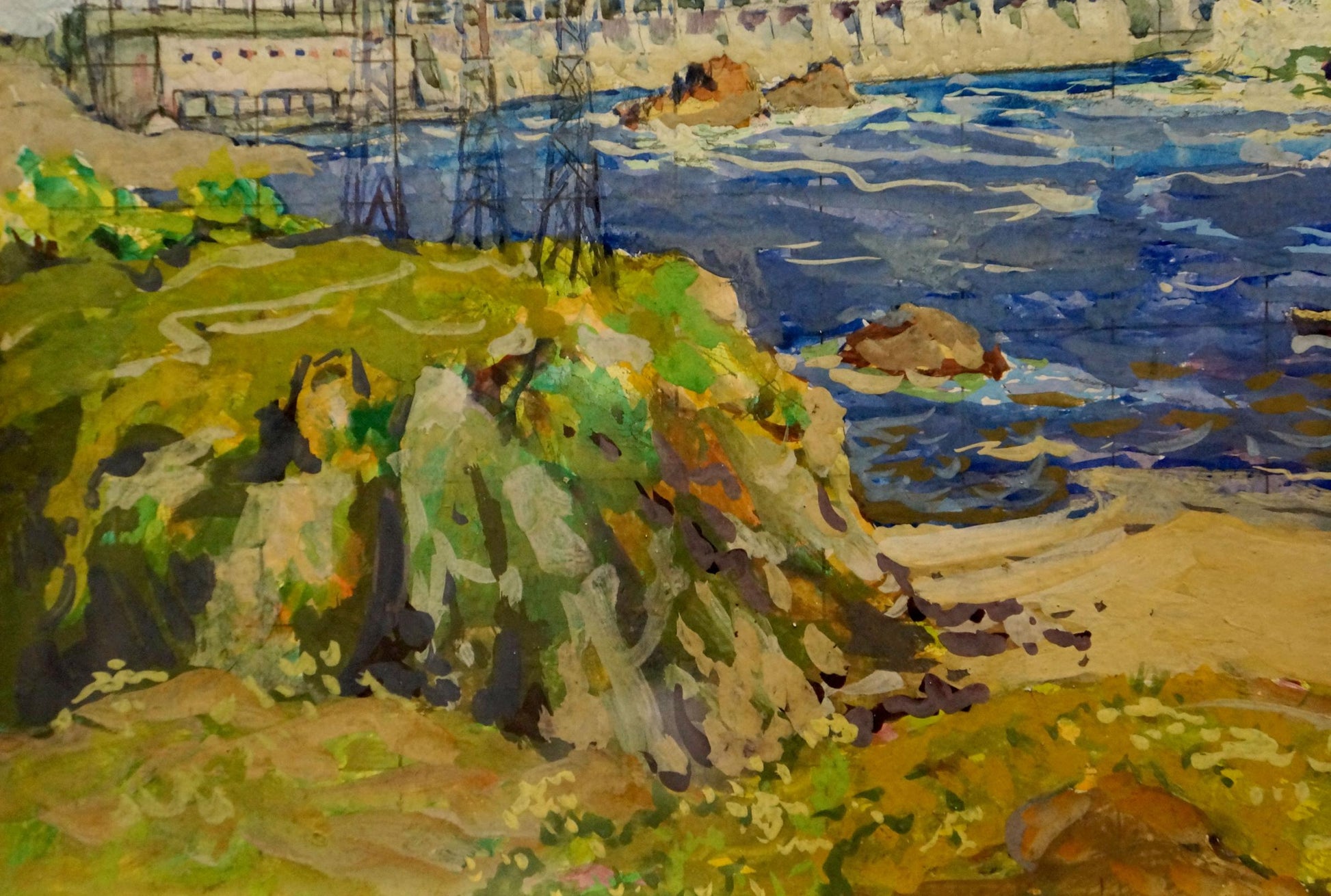 Vibrant watercolor of rocky shoreline by Dam Fomin Anatoly Nikiforovich