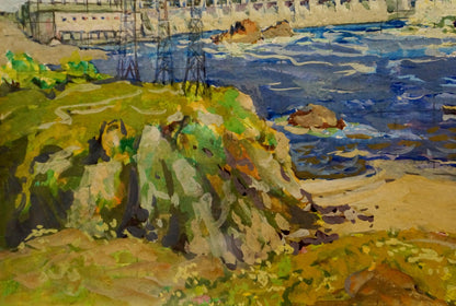 Vibrant watercolor of rocky shoreline by Dam Fomin Anatoly Nikiforovich