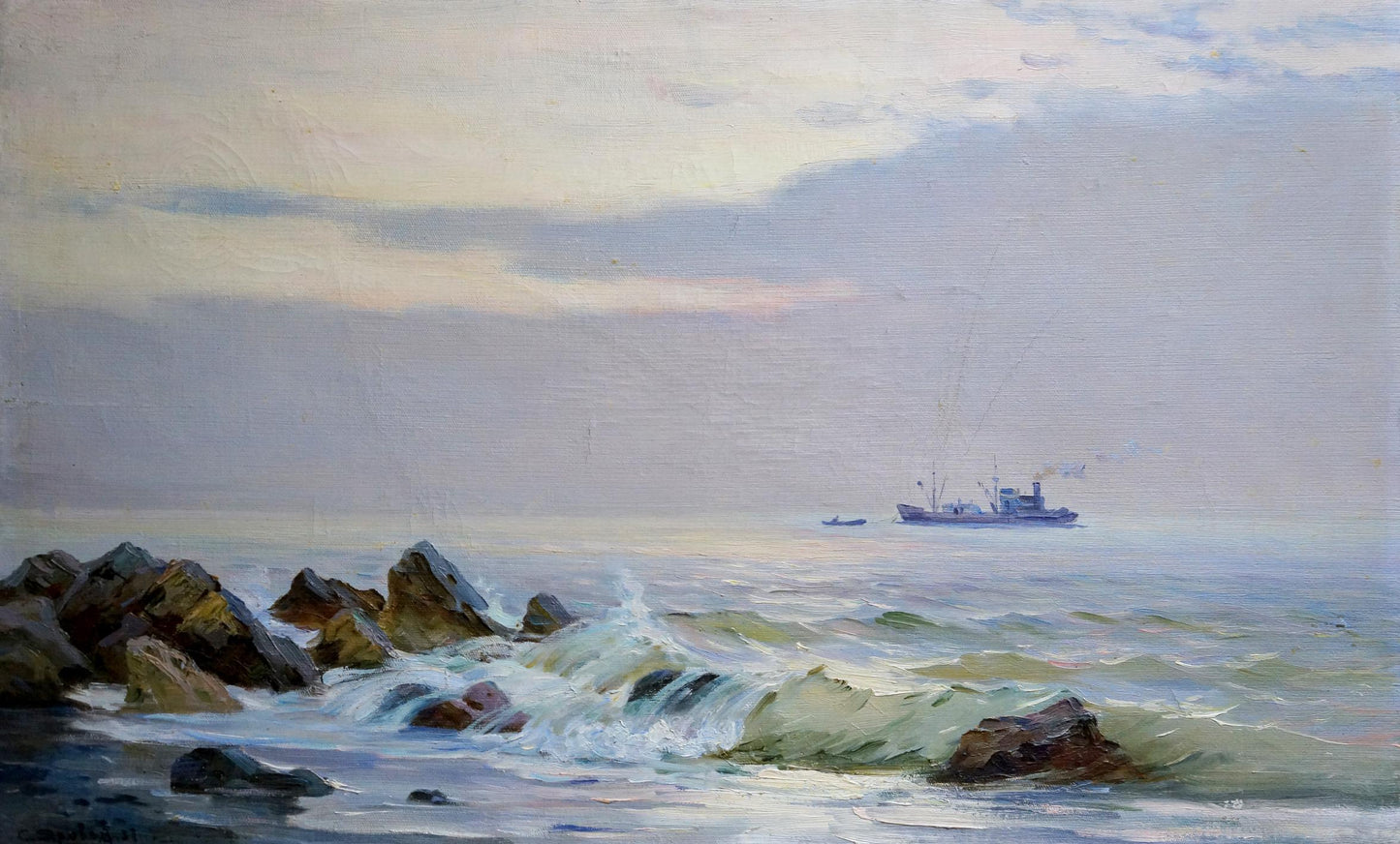 Oil painting of Ship at Sea by Yarovoy Stepan Kalinovich on misty sea