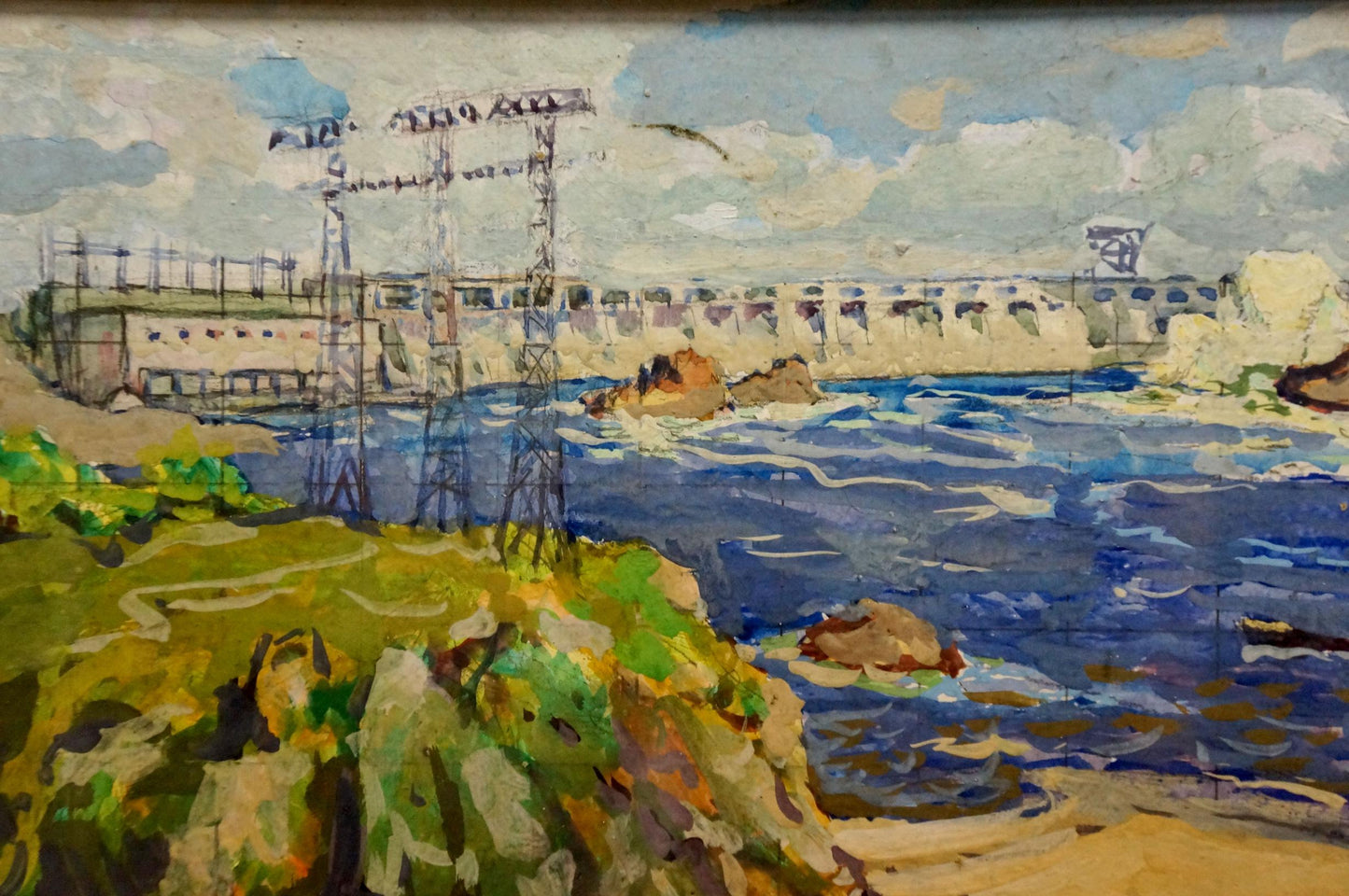 Oil painting of dam by Fomin Anatoly Nikiforovich, vibrant impressionist style