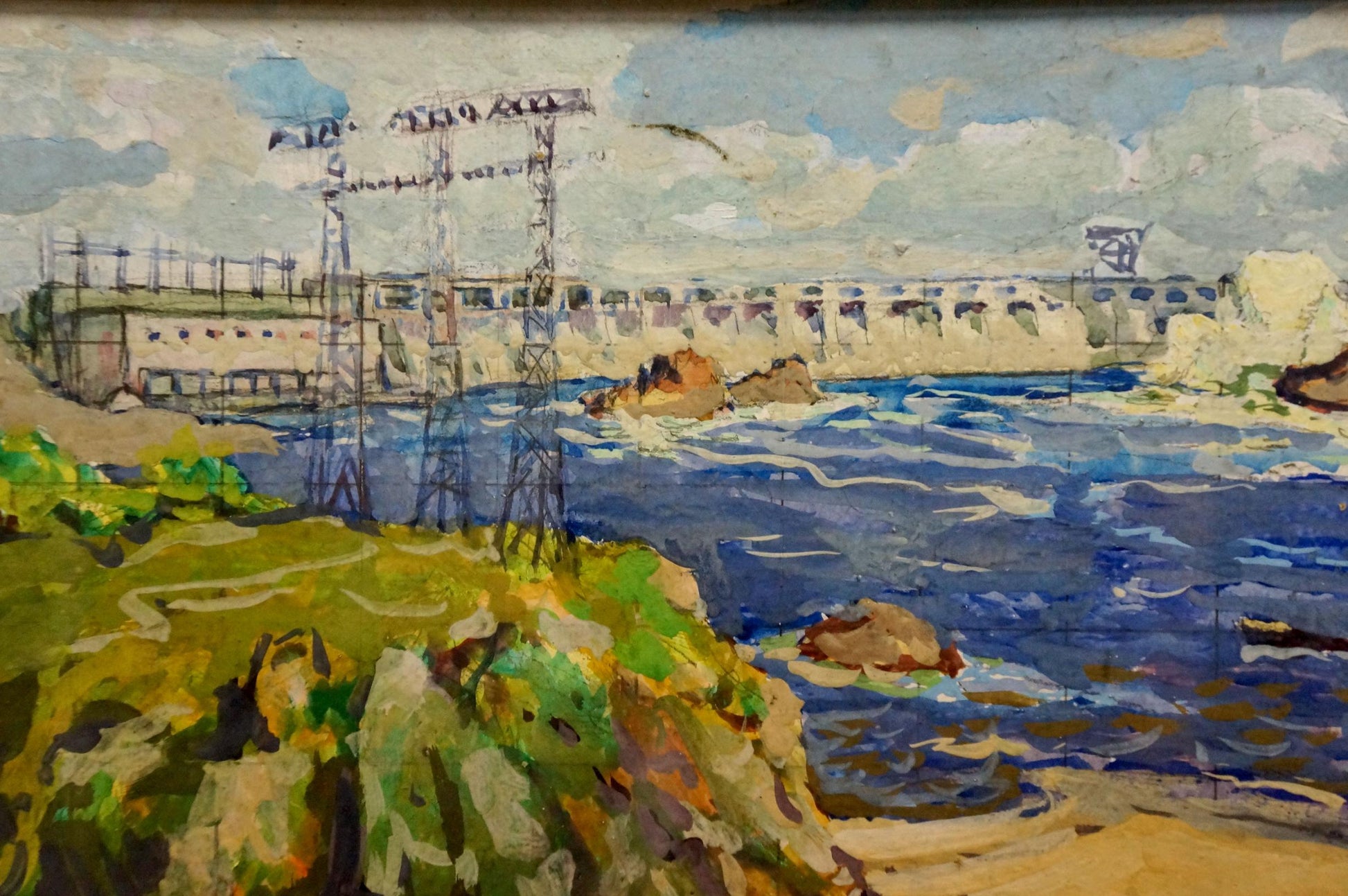 Oil painting of dam by Fomin Anatoly Nikiforovich, vibrant impressionist style