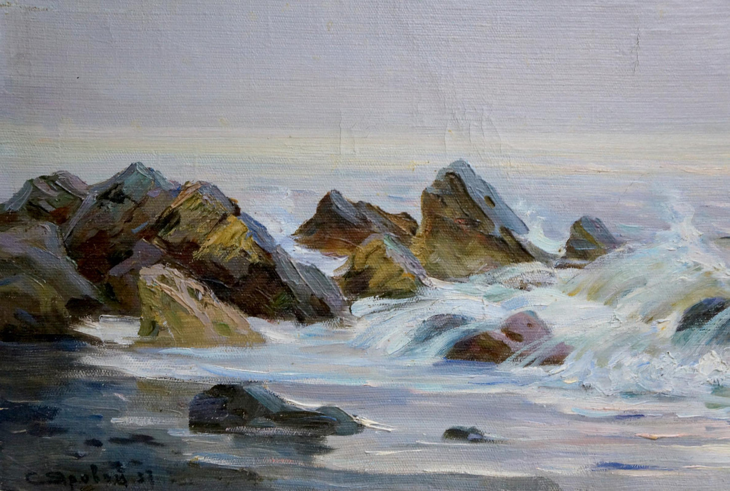 Textured oil painting of rugged mossy rocks, crashing waves by Yarovoy Stepan Kalinovich