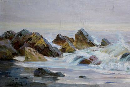 Textured oil painting of rugged mossy rocks, crashing waves by Yarovoy Stepan Kalinovich