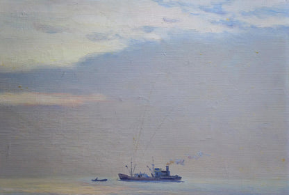 Oil painting of solitary fishing boat at sea by Yarovoy Stepan Kalinovich