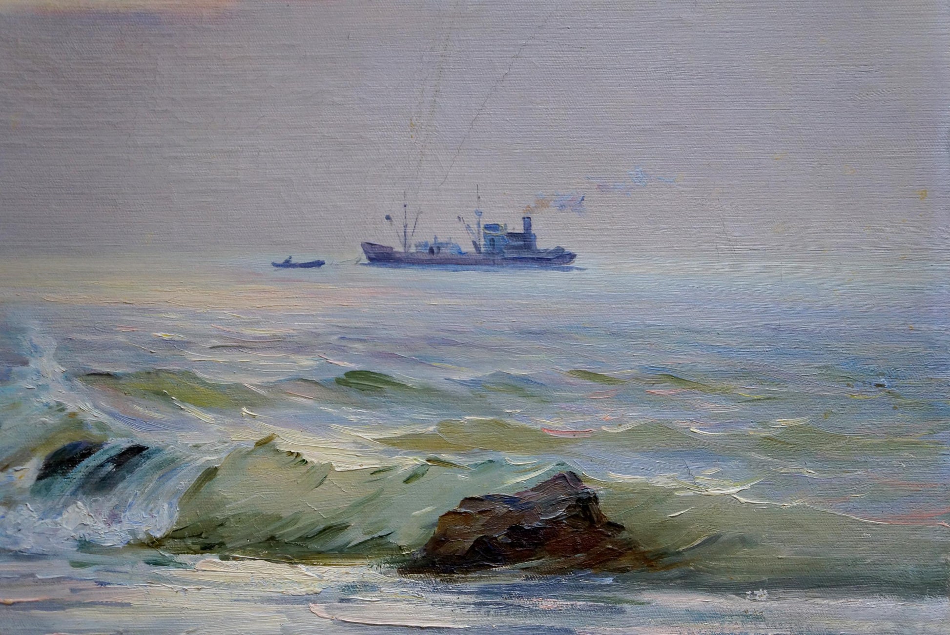 Oil painting of distant blue fishing boat with smokestack on misty sea by Yarovoy Stepan Kalinovich