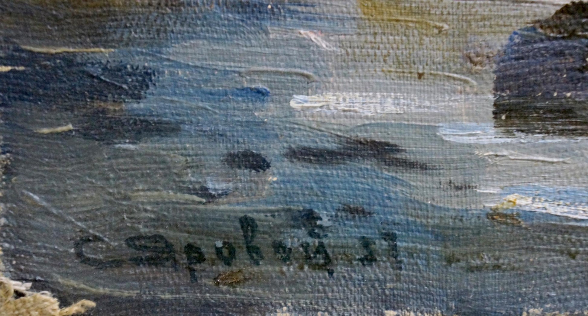 Oil painting of ship at sea by Yarovoy Stepan Kalinovich, textured blue-gray canvas