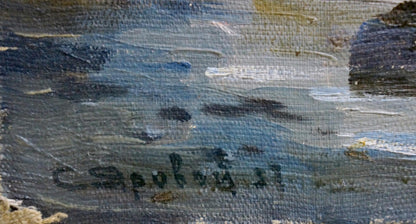 Oil painting of ship at sea by Yarovoy Stepan Kalinovich, textured blue-gray canvas