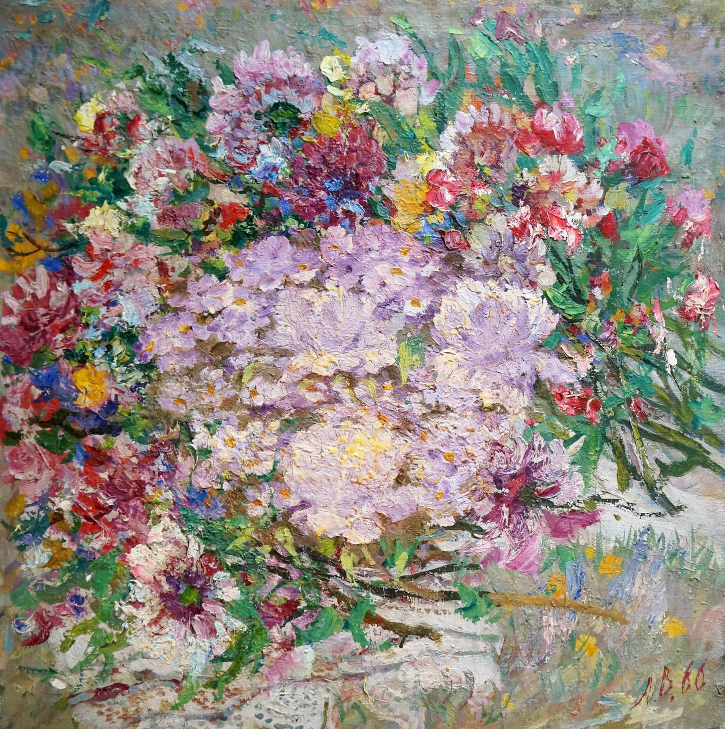 Vibrant impressionistic oil painting of lush flowers by Alexander Aleksandrovich Vinogradov