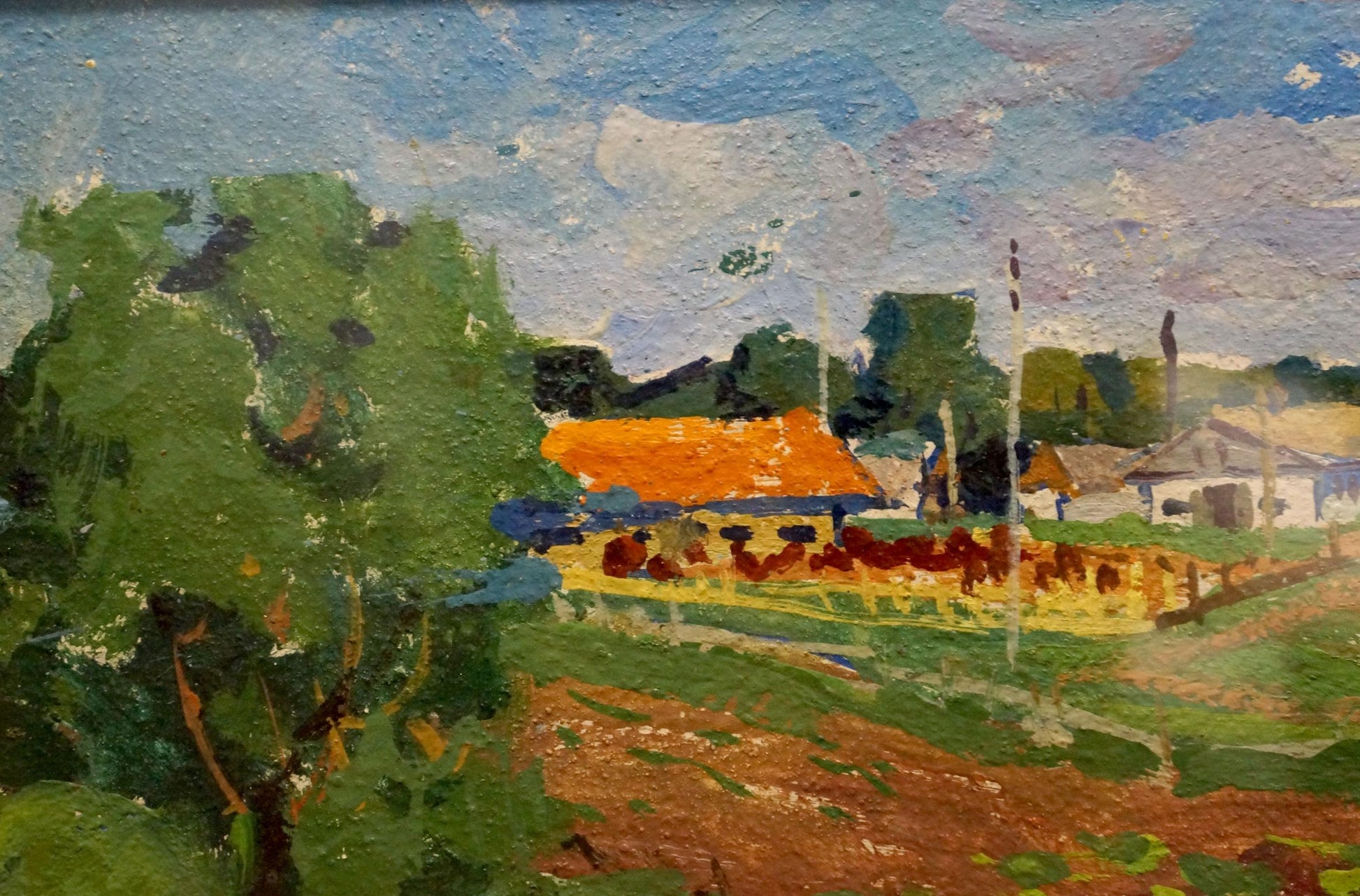 Vibrant impressionist oil painting by Fomin Anatoly Nikiforovich: rustic village landscape